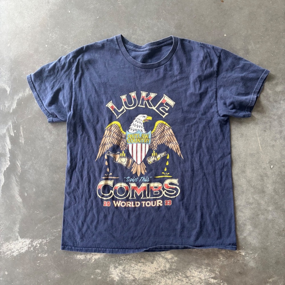 Luke Combs 2023 World Tour Doin This Navy Blue Graphic T-Shirt Mens Large
